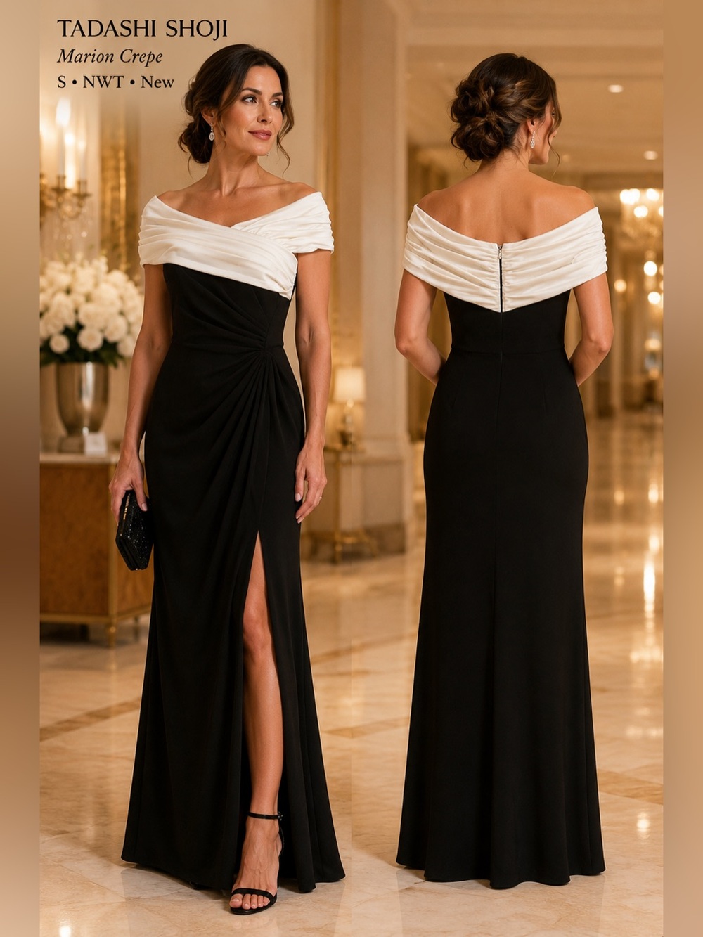 Tadashi Shoji Marion Crepe Gown dress womens sz small Black White off shoulder